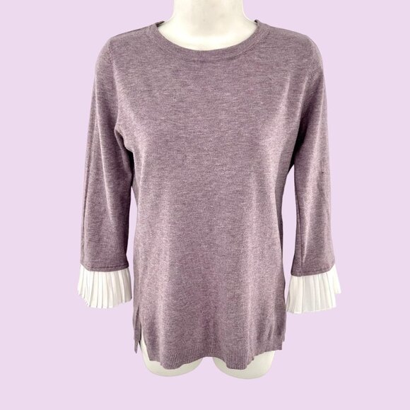 VILA MILANO PURPLE HEATHER PLEATED CHIFFON SLEEVE SWEATER - SMALL - Picture 1 of 4